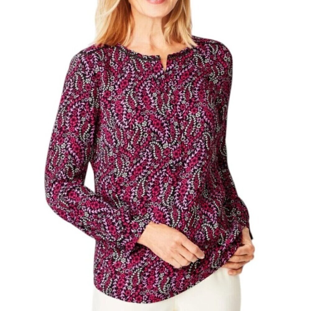 Talbots Black Pink Red Floral Print Long Sleeve Lace Detail Blouse Shirt Women S